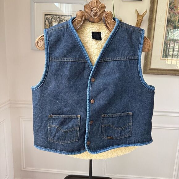 Vintage 70s Sears Roebuck Denim Snap Vest Sherpa Lining M - Picture 1 of 7
